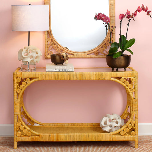 Primrose Console Table by Jamie Young. Made from rattan with tempered glass in a eclectic & global style.