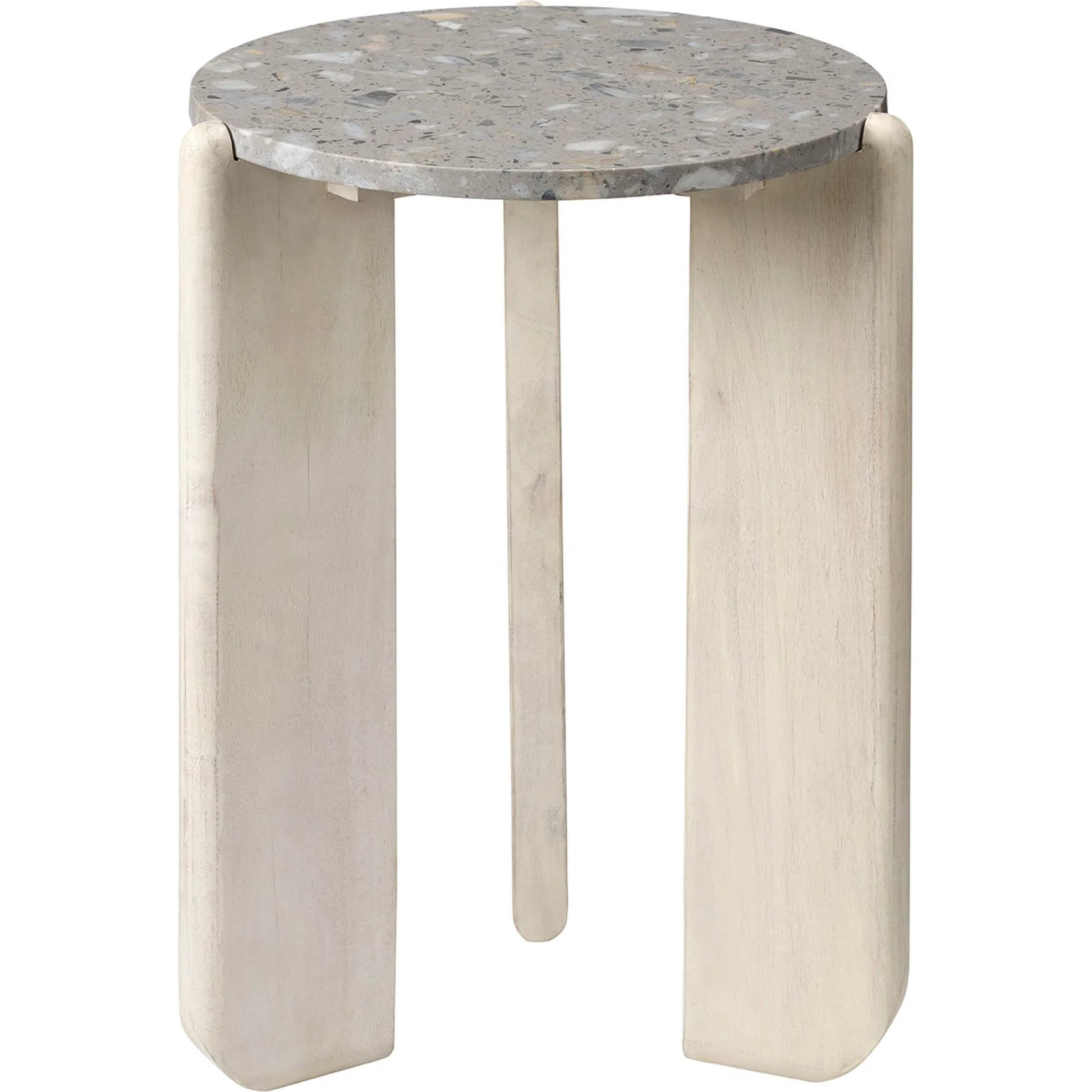 Quarry Side Table by Jamie Young in white bleach, grey and white bleached mango wood, grey stone. Made from mango wood, terrazzo stone in a modern style.