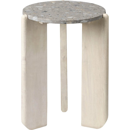 Quarry Side Table by Jamie Young in white bleach, grey and white bleached mango wood, grey stone. Made from mango wood, terrazzo stone in a modern style.