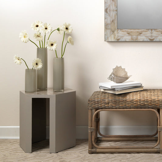 Radiant Side Table by Jamie Young in light grey & beige faux horn w/ light grey lacquer. Made from beige faux horn w, light grey lacquer in a modern style.