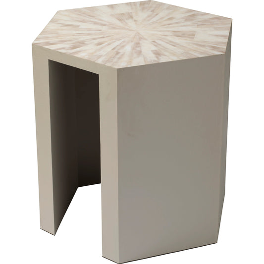 Radiant Side Table by Jamie Young in light grey & beige faux horn w/ light grey lacquer. Made from beige faux horn w, light grey lacquer in a modern style.