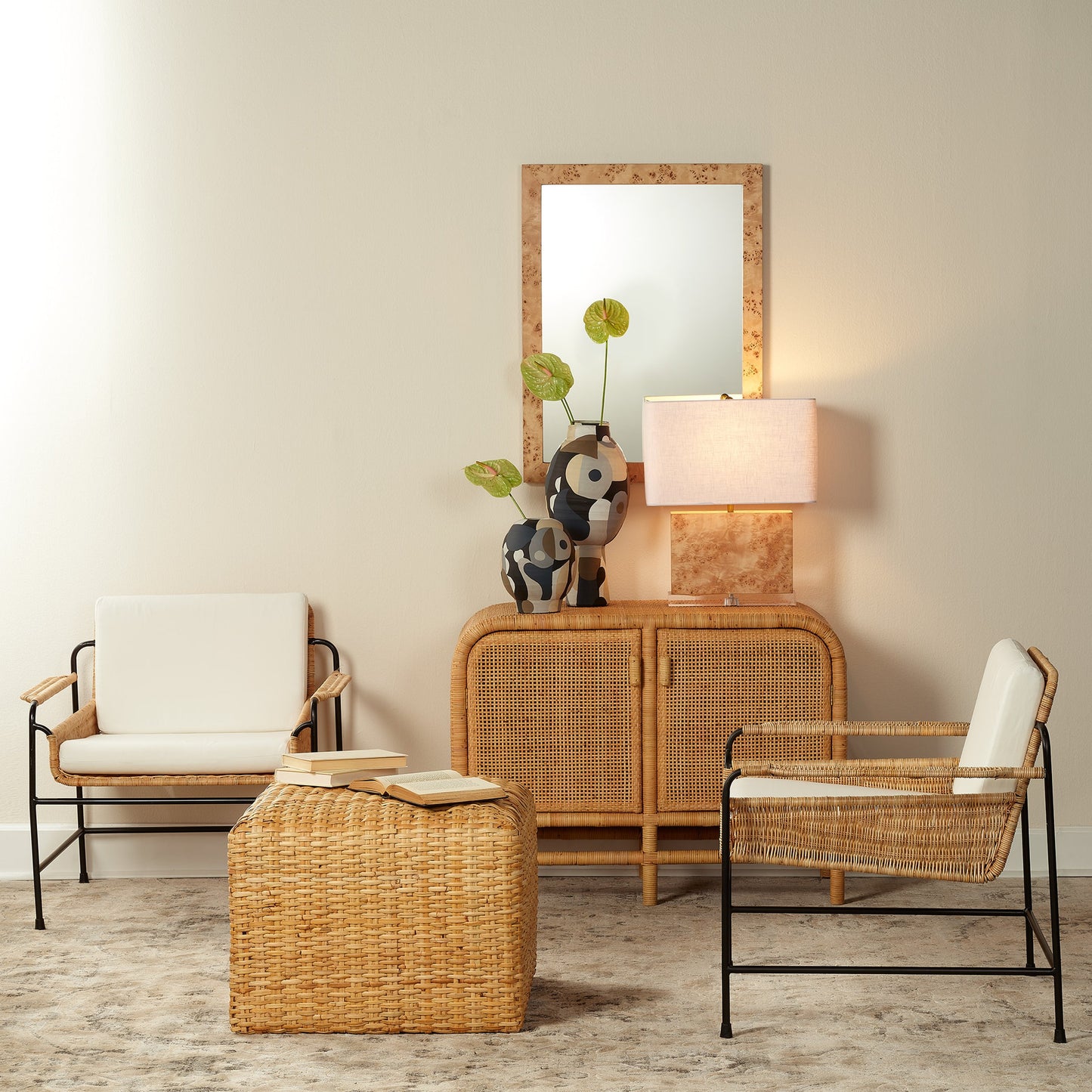007 SI-1822211 | Lifestyle | Rattan Ottoman by Jamie Young. Made from rattan in a modern style.