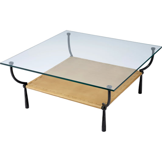 Renzo Coffee Table by Jamie Young in black, cashew leather. Made from iron, leather, glass in a modern style.