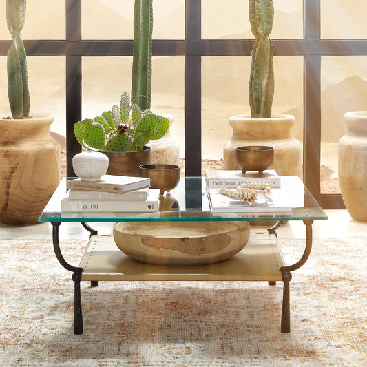 Renzo Coffee Table by Jamie Young in black, cashew leather. Made from iron, leather, glass in a modern style.