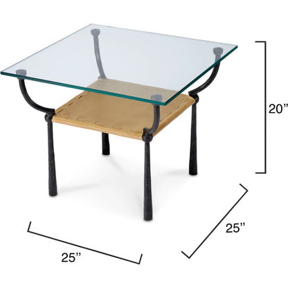 Renzo Side Table by Jamie Young in black, cashew leather. Made from iron, leather, glass in a modern style.