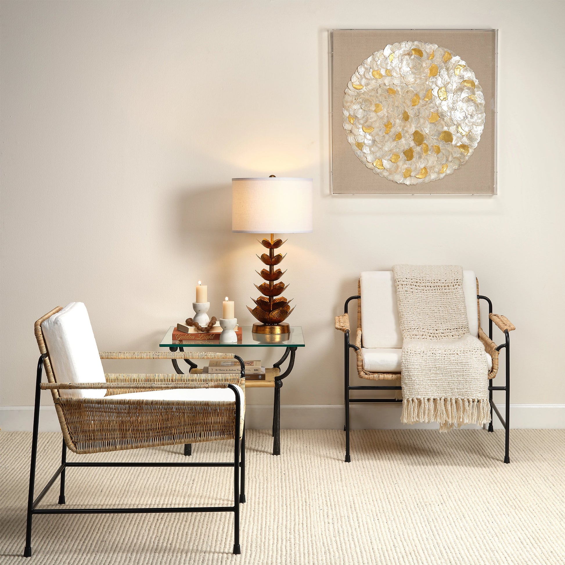 Renzo Side Table by Jamie Young in black, cashew leather. Made from iron, leather, glass in a modern style.