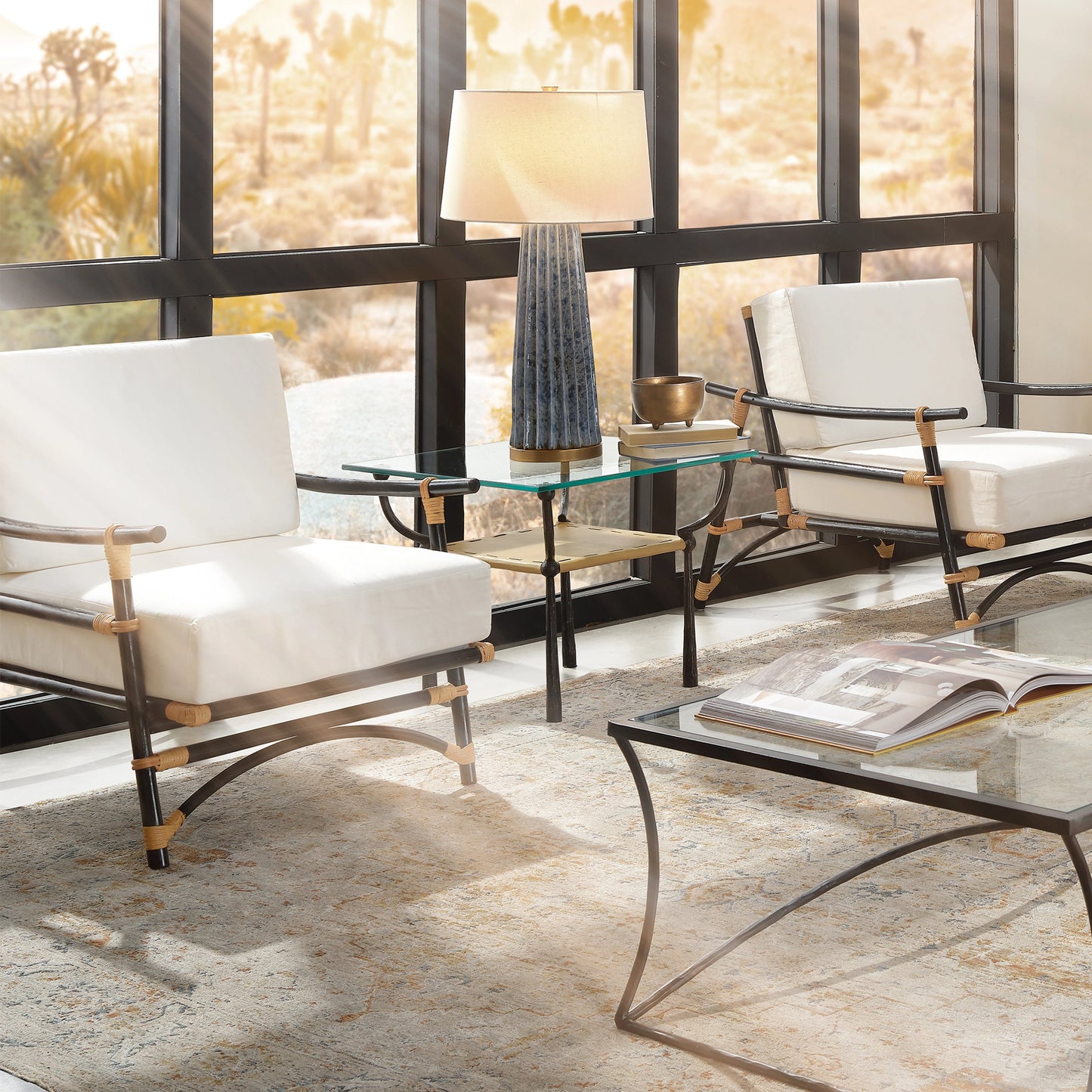 007 SI-1961297 | Lifestyle | Renzo Side Table by Jamie Young in black, cashew leather. Made from iron, leather, glass in a modern style.