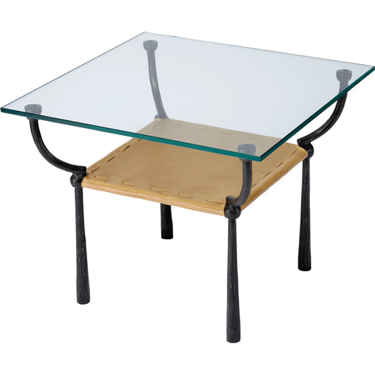 Renzo Side Table by Jamie Young in black, cashew leather. Made from iron, leather, glass in a modern style.