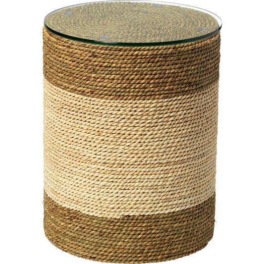 Saint Bart's Side Table by Jamie Young in off-white, natural. Made from corn straw rope, seagrass with tempered glass in a coastal style.