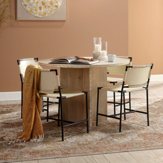 Sama Round Bistro Dining Table by Jamie Young in white patina. Made from mango wood, water buffalo bone in a modern style.