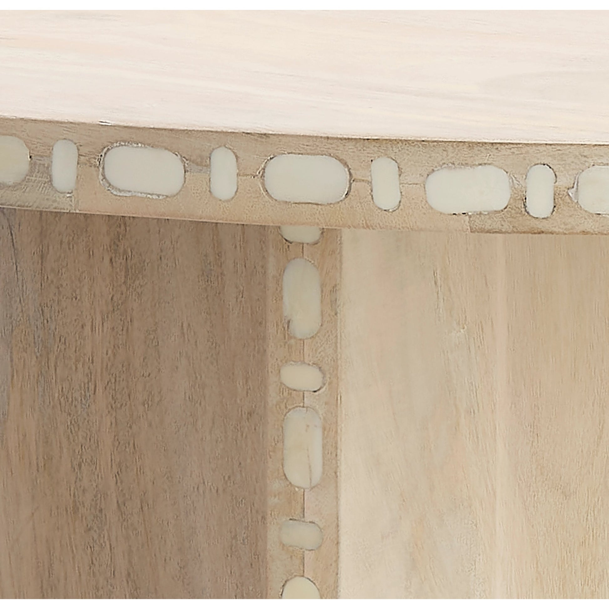 Sama Round Bistro Dining Table by Jamie Young in white patina. Made from mango wood, water buffalo bone in a modern style.