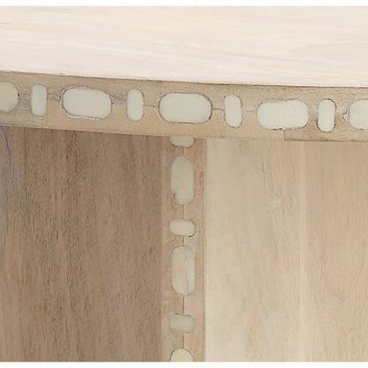 Sama Round Bistro Dining Table by Jamie Young in white patina. Made from mango wood, water buffalo bone in a modern style.