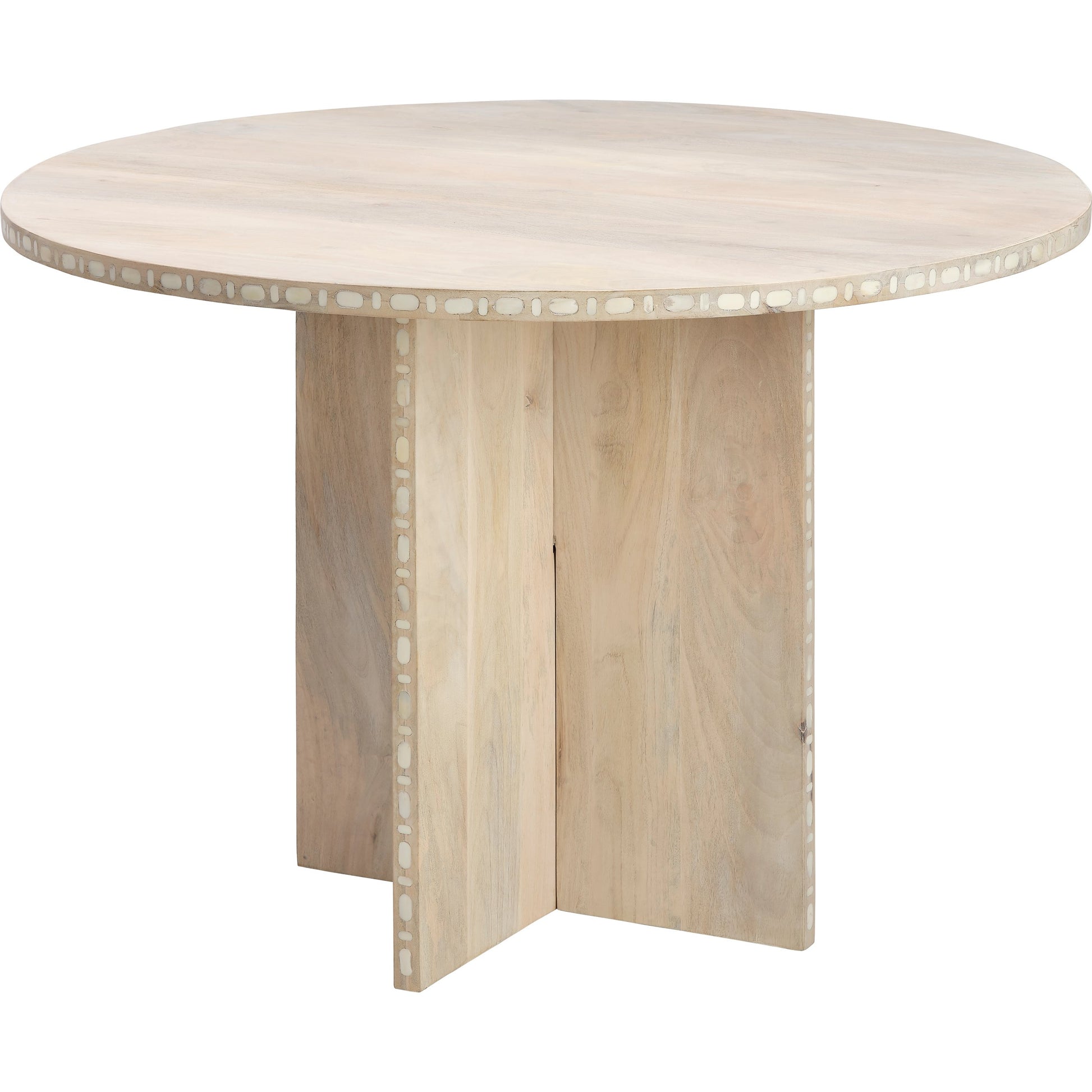 Sama Round Bistro Dining Table by Jamie Young in white patina. Made from mango wood, water buffalo bone in a modern style.