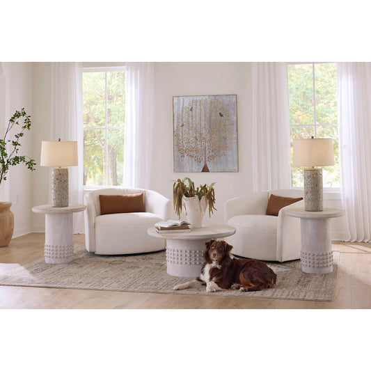 Studded Coffee Table by Jamie Young in off, white and white wash. Made from wood in a unique style.