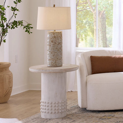 Studded Side Table by Jamie Young in off, white and white wash. Made from wood in a unique style.