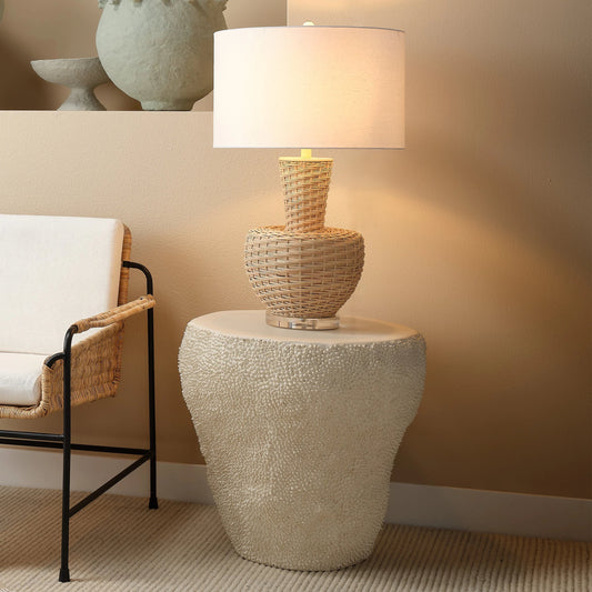 Uni Side Table by Jamie Young in cream white. Made from fiber glass in a coastal style.