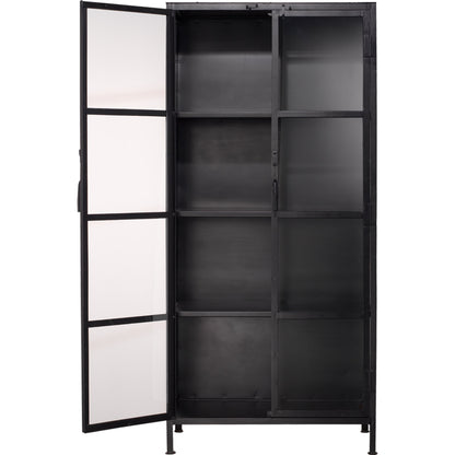 Union Curio Cabinet by Jamie Young in black iron, clear glass. Made from iron, glass in a modern style.