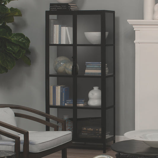 Union Curio Cabinet by Jamie Young in black iron, clear glass. Made from iron, glass in a modern style.
