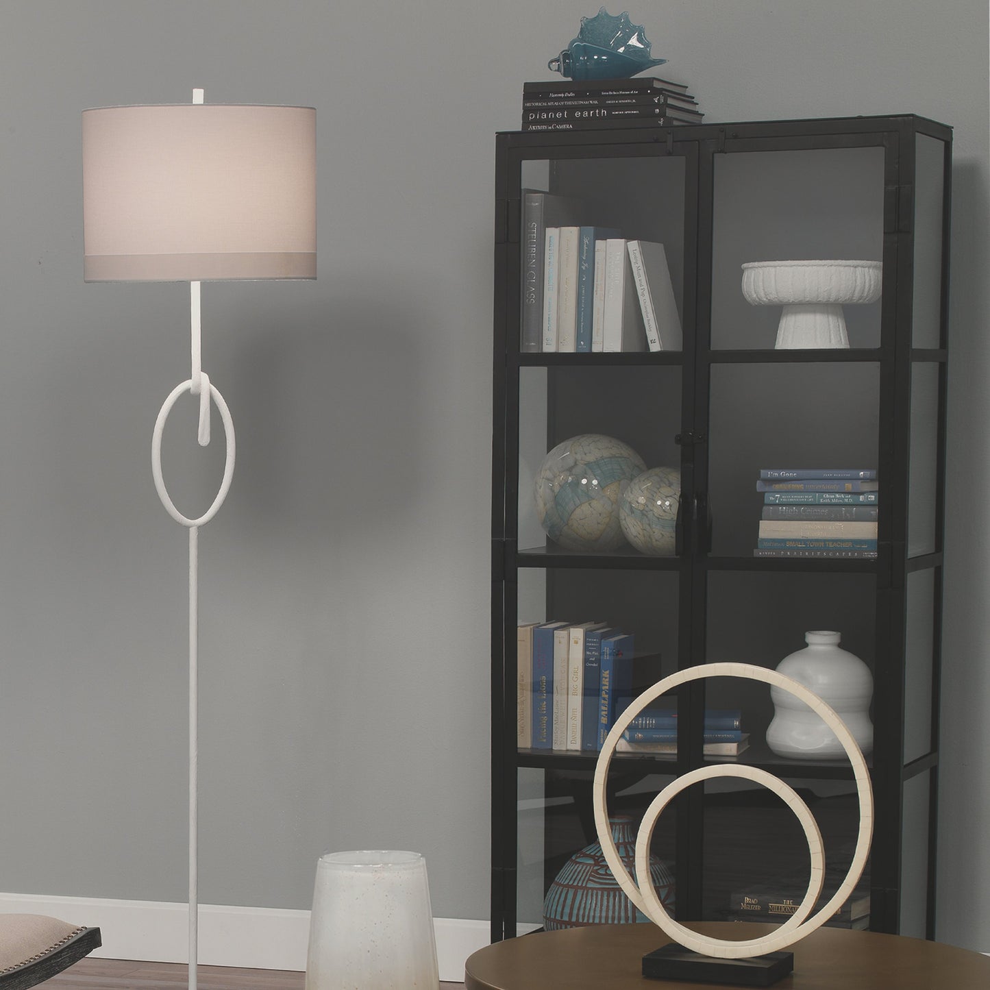 008 SR-708118 | Lifestyle | Union Curio Cabinet by Jamie Young in black iron, clear glass. Made from iron, glass in a modern style.