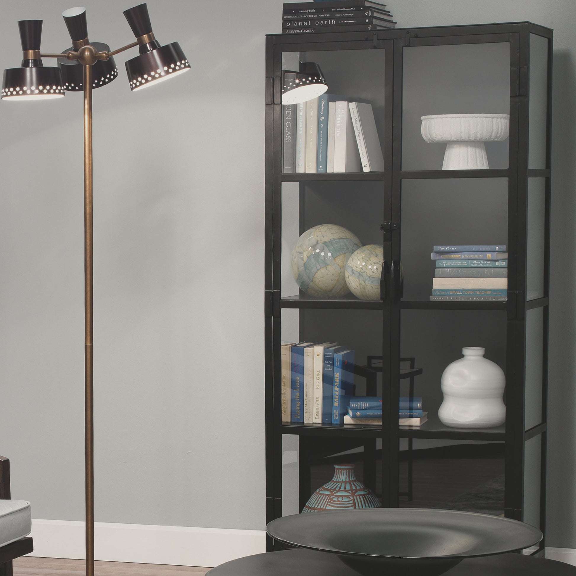 Union Curio Cabinet by Jamie Young in black iron, clear glass. Made from iron, glass in a modern style.