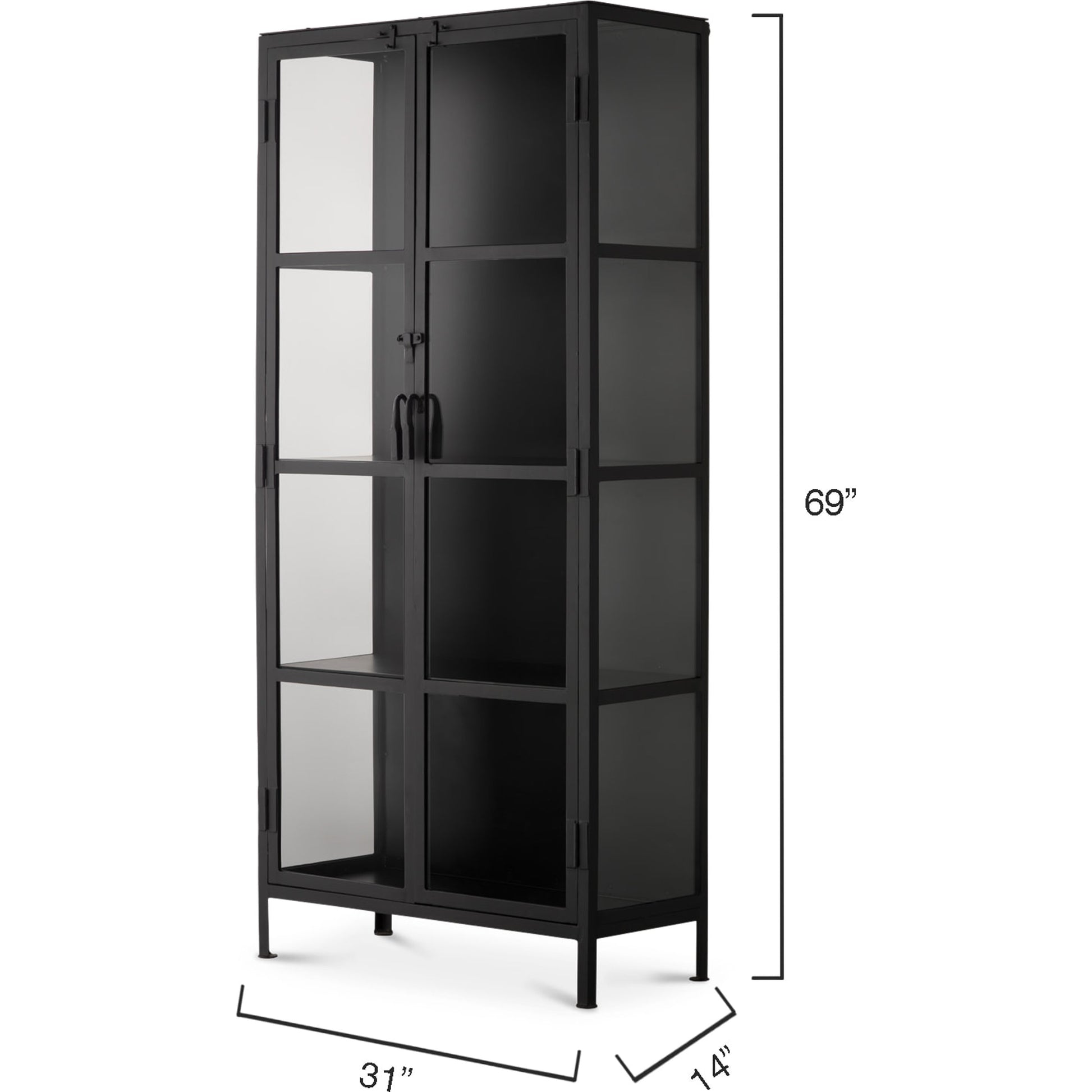 Union Curio Cabinet by Jamie Young in black iron, clear glass. Made from iron, glass in a modern style.
