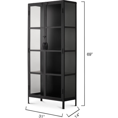 Union Curio Cabinet by Jamie Young in black iron, clear glass. Made from iron, glass in a modern style.
