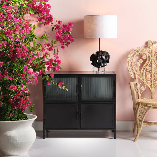 Vitrino Side Table by Jamie Young in black. Made from iron & glass in a modern style.