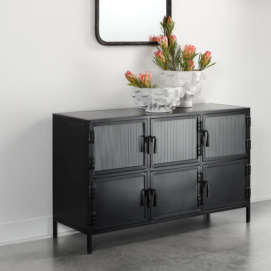 Vitrino Console by Jamie Young in black. Made from iron & glass in a modern style.