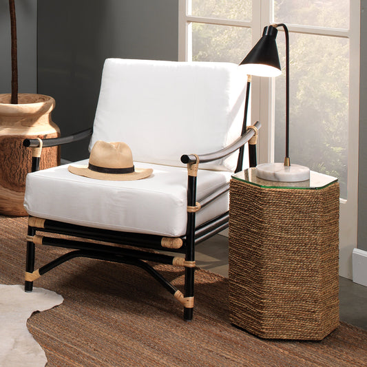 Xanadu Lounge Chair by Jamie Young in black, cream rattan with off white cushion. Made from rattan, rattan peel, fabric in a coastal style.