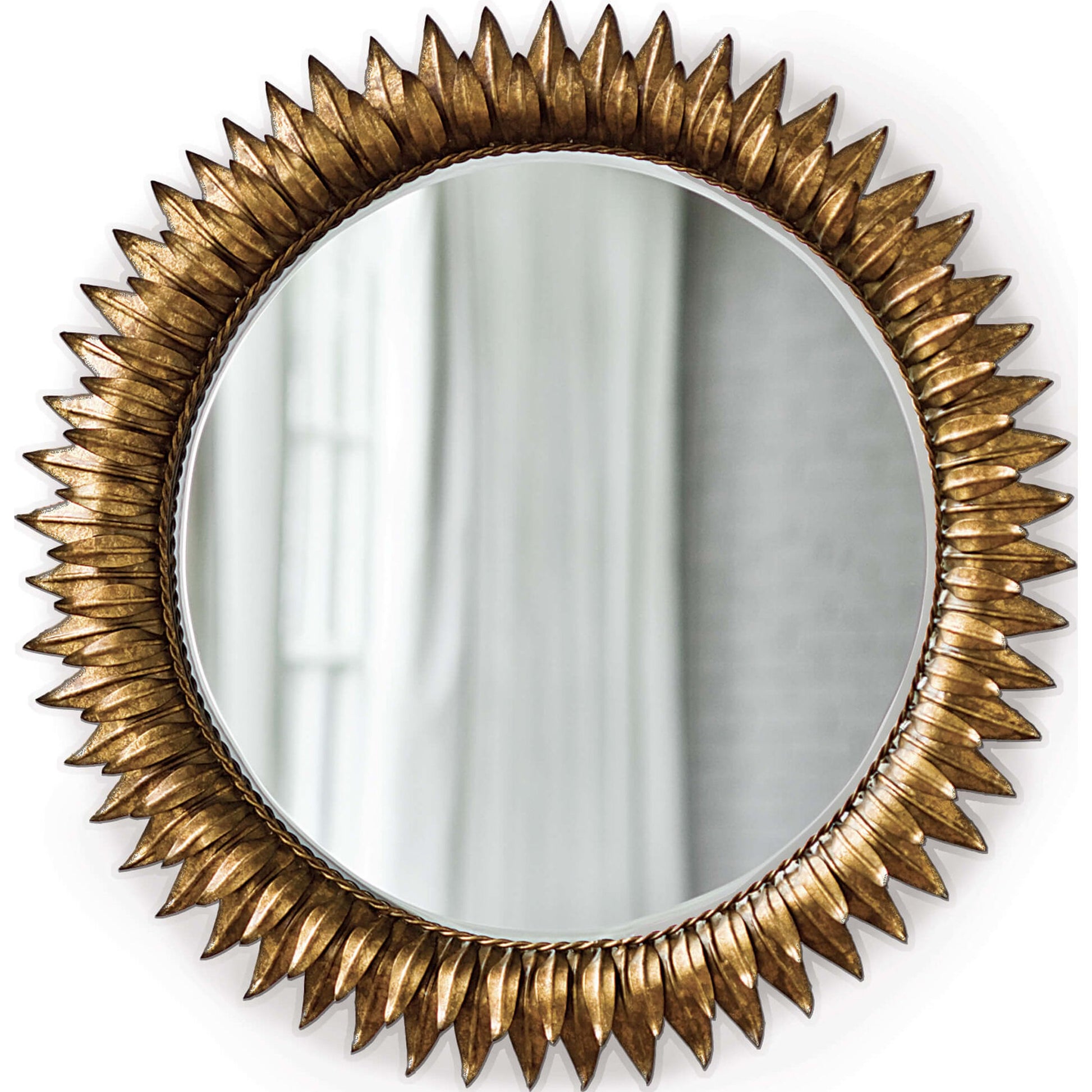 Sun Flower Mirror by Regina Andrew in gold and gold leaf. Made from steel in a transitional style.