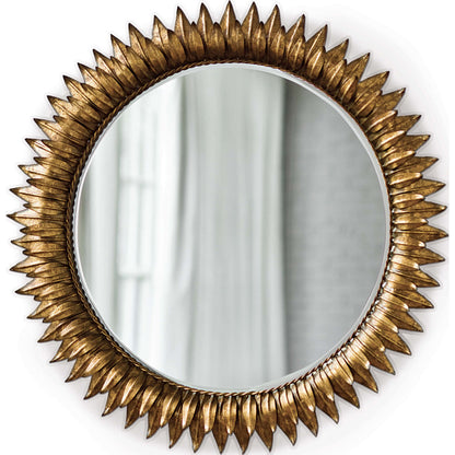 Sun Flower Mirror by Regina Andrew in gold and gold leaf. Made from steel in a transitional style.