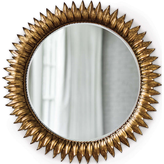Sun Flower Mirror by Regina Andrew in gold and gold leaf. Made from steel in a transitional style.