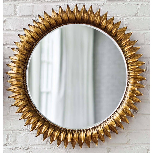 Sun Flower Mirror by Regina Andrew in gold and gold leaf. Made from steel in a transitional style.