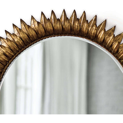 Sun Flower Mirror by Regina Andrew in gold and gold leaf. Made from steel in a transitional style.