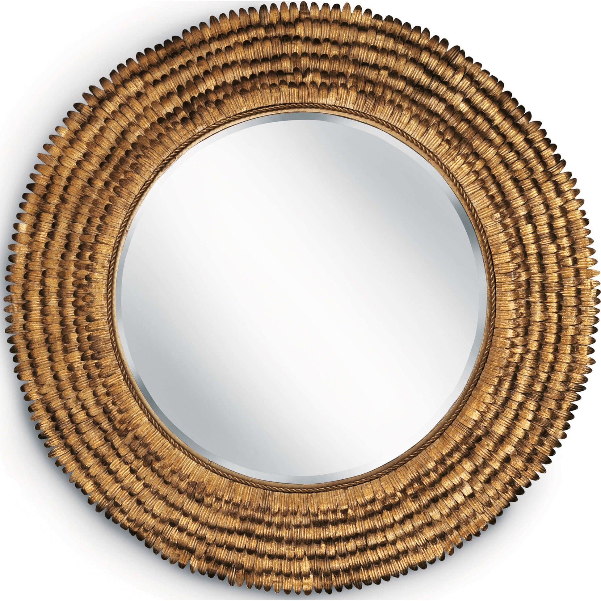 Petal Mirror by Regina Andrew in gold and gold leaf. Made from steel in a coastal style.
