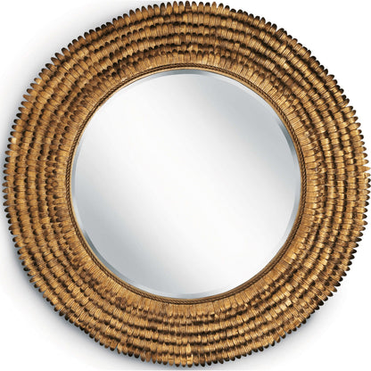 Petal Mirror by Regina Andrew in gold and gold leaf. Made from steel in a coastal style.