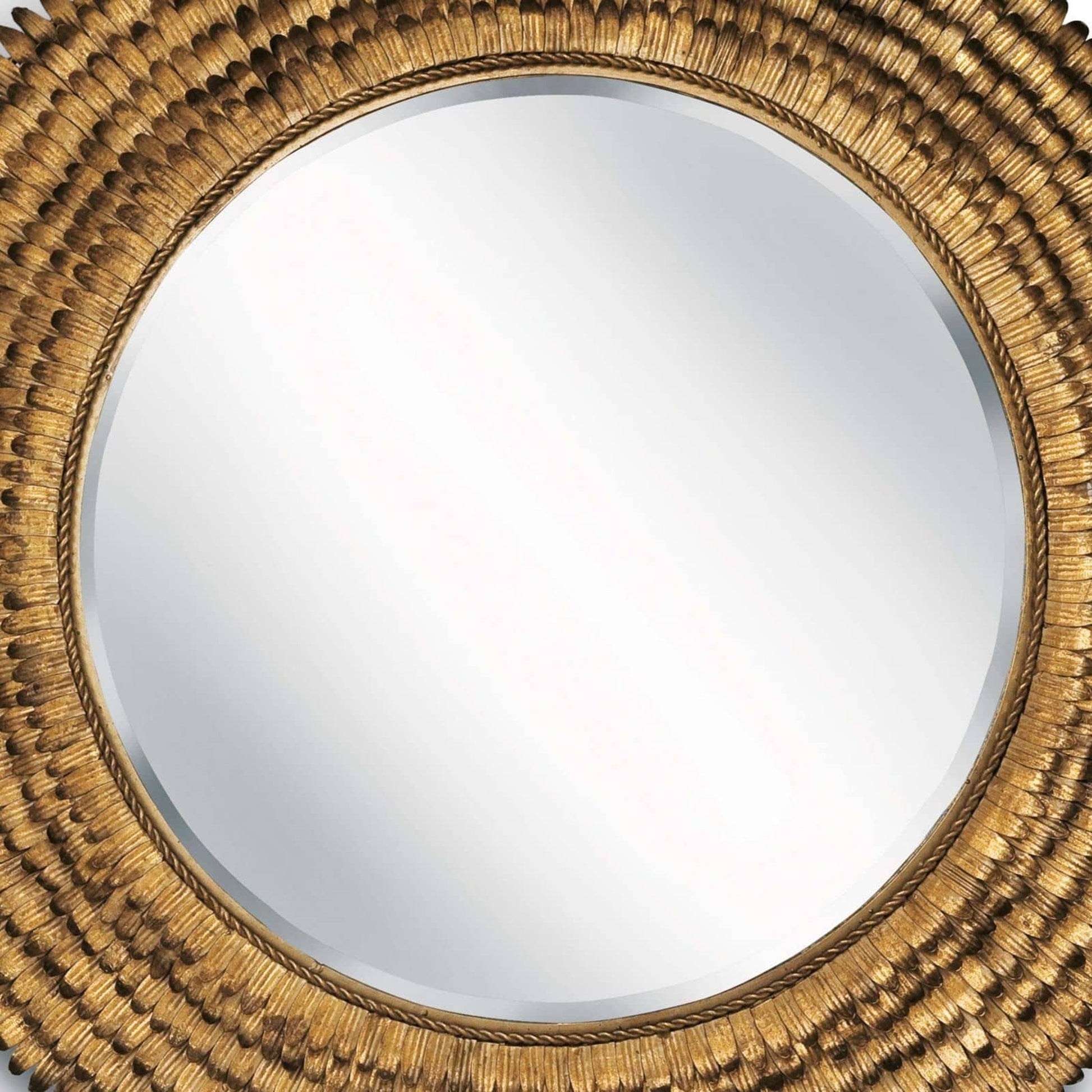 Petal Mirror by Regina Andrew in gold and gold leaf. Made from steel in a coastal style.