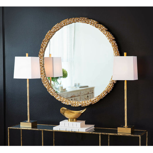 Olive Branch Mirror by Regina Andrew in gold and gold leaf. Made from resin in a transitional style.
