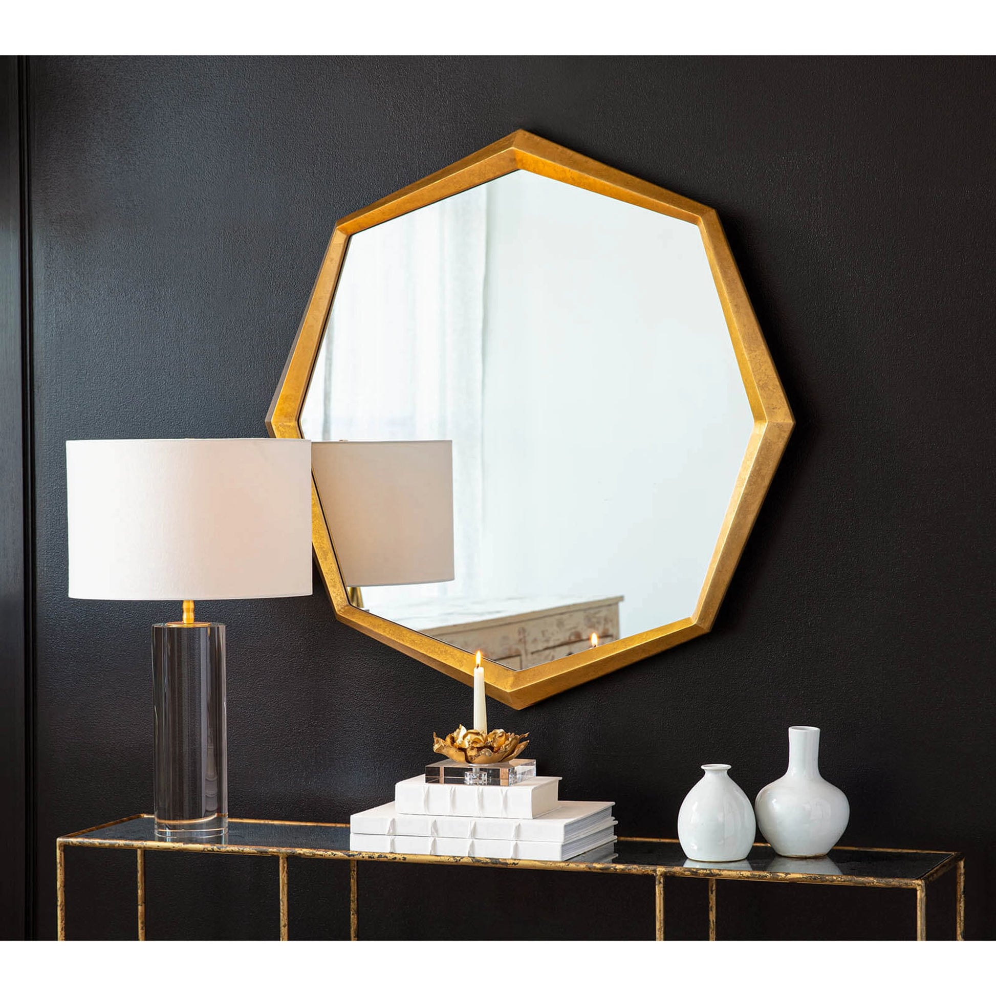 Hadley Mirror by Regina Andrew in gold and gold leaf. Made from resin in a modern style.
