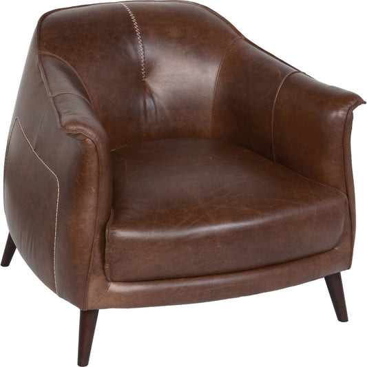 Martel Club Chair by Classic Home in brown. Made from top grain leather, oak wood in a modern style.