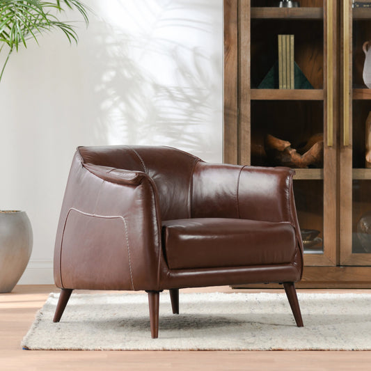 Martel Club Chair by Classic Home in brown. Made from top grain leather, oak wood in a modern style.