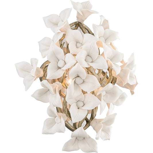 Lily Wall Sconce by Corbett in enchanted silver leaf. Made from hand crafted iron in a unique style.