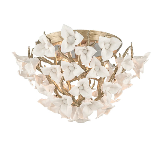 Lily Flush Mount by Corbett in stria gold leaf. Made from hand crafted iron in a unique style.