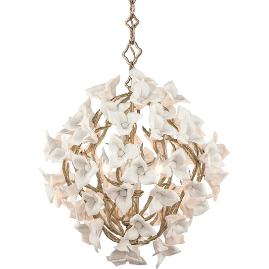 Lily 4 Light Chandelier by Corbett in enchanted silver leaf. Made from hand crafted iron in a modern style.