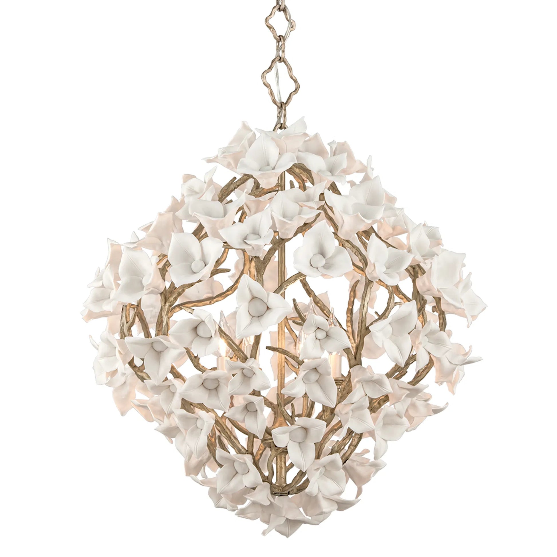Lily Chandelier by Corbett in stria gold leaf. Made from hand crafted iron in a modern style.