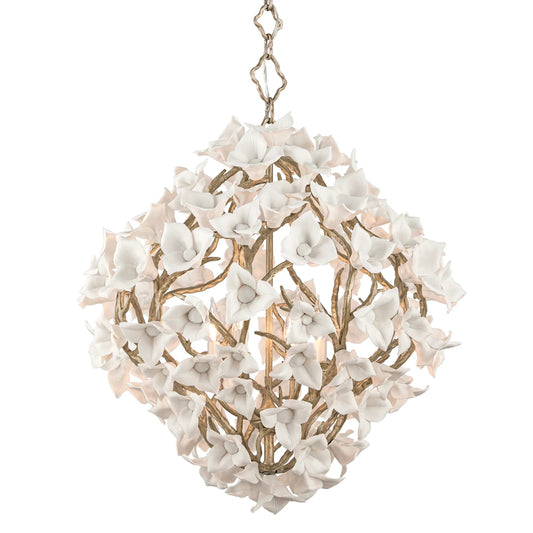 Lily Chandelier by Corbett in stria gold leaf. Made from hand crafted iron in a unique style.