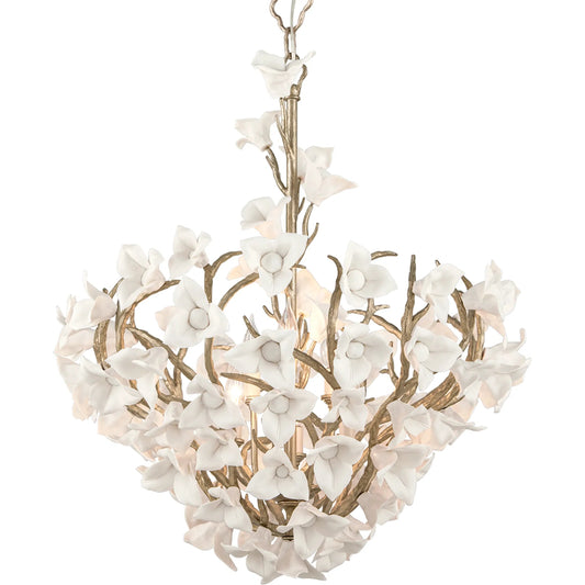 Lily Trailing Chandelier by Corbett in stria gold leaf. Made from hand crafted iron in a unique style.