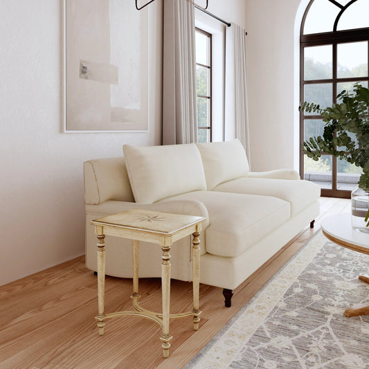 Tyler Starburst Inlay Accent Table by Butler Specialty Company in beige and antique beige. Made from rubberwood solids, mdf, cherry, maple and walnut veneers in a cottage & farmhouse style.