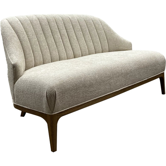 Inga Settee by Currey and Company in morel brown. Made from solid white oak, crhom nona oatmeal in a modern style.