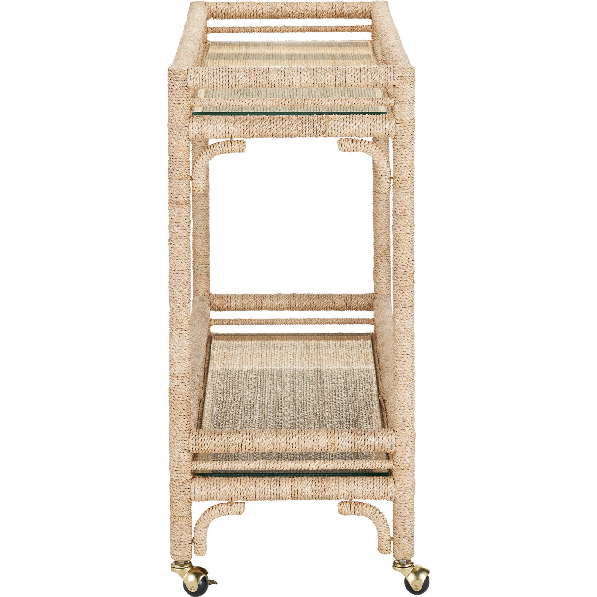 Olisa Bar Cart by Currey and Company in natural, clear. Made from abaca rope, wrought iron, glass in a coastal style.